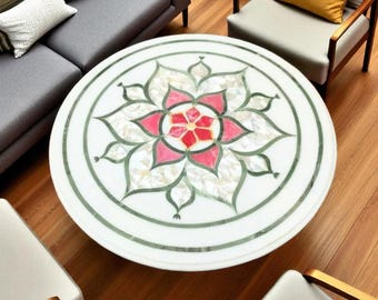 Handmade Marble Inlay Coffee Table: Mother of Pearl Floral Design