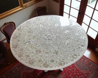 White Marble Coffee Table: Mother of Pearl Floral Inlay Pietra Dura Artistry