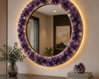 Round Amethyst Stone Mirror Luxury Purple Crystal Wall Mirror Handmade Gemstone Decor