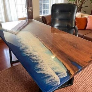 Custom Ocean Wave Epoxy Resin Table: Live Edge Walnut Desk