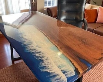 Custom Ocean Wave Epoxy Resin Table: Live Edge Walnut Desk