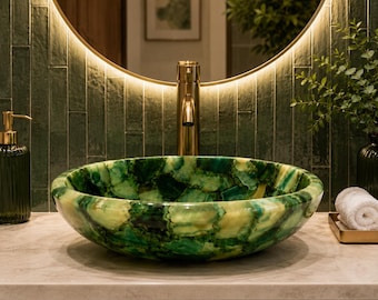 Handmade Oval Green Agate Stone Vessel Sink | Luxury Natural Crystal Wash Basin | Semi-Precious Gemstone Vanity Sink | Modern Bathroom Decor