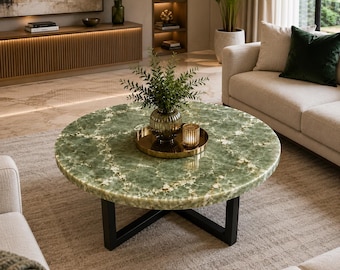 Green Onyx Round Table Top | Custom Coffee, Accent, Side, Center or Dining Table | Gemstone Furniture CUSTOMISABLE