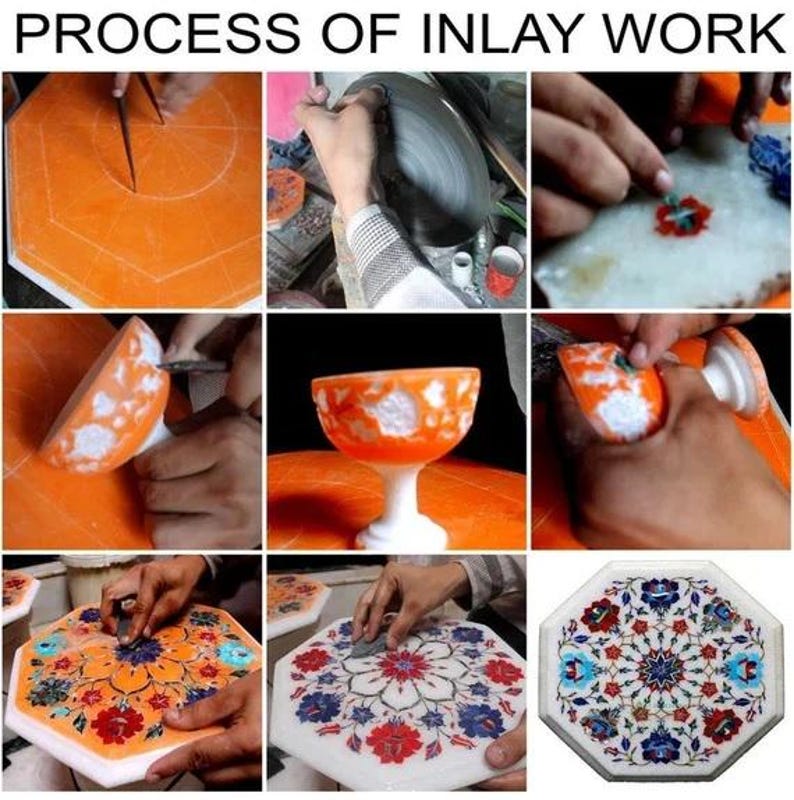 Puede incluir: Imagen de nueve paneles que muestra el proceso de trabajo de incrustaciones. El texto "PROCESS OF INLAY WORK" est&aacute; en la parte superior. El proceso incluye cortar, dar forma y ensamblar piezas de piedra de colores en dise&ntilde;os intrincados sobre una superficie blanca.