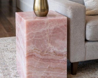 Pink Onyx Plinth Side Table: Natural Stone Accent for Modern Living Room
