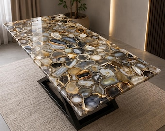 Natural Agate Stone Dining Table Handmade Gemstone Luxury Kitchen Slab Furniture Crystal Table Modern Home Decor