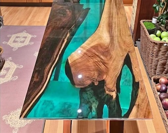 Handmade Live Edge Walnut Desk: Turquoise Epoxy Resin River Table