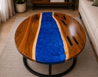 Blue Epoxy Resin Coffee Table Natural Acacia Wood Live Edge Round Handmade Modern Cafeteria Furniture Luxury Home Decor
