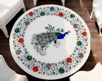 Runder Marmor Inlay Couchtisch | Handgemachte Pietra Dura Pfauenkunst
