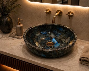 Rundes Waschbecken aus Labradorit, luxuriöses Edelstein-Waschbecken, handgefertigte moderne Kunst, Badezimmer-Inneneinrichtung