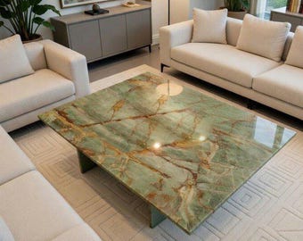 Mesa de centro de lujo de ónix verde: mesa de centro de piedra natural hecha a mano para la decoración de salas de estar modernas.