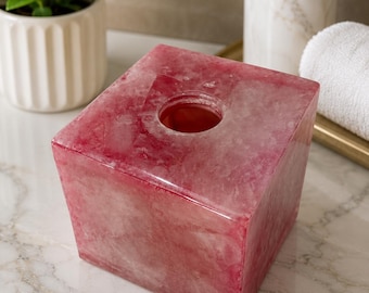 Rose Quartz Stone Tissue Box Cover | Luxury Pink Crystal Tissue Holder | Natural Gemstone Bathroom & Vanity Decor