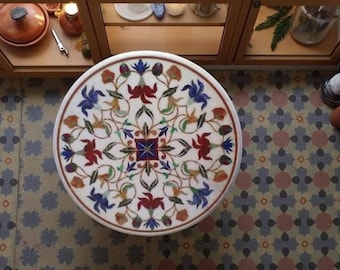 White Marble Inlay Coffee Table: Semi Precious Stone Floral Design