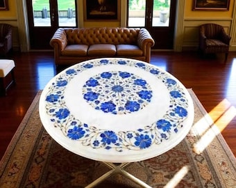 White Marble Coffee Table: Lapis Lazuli Floral Inlay, Pietra Dura Art