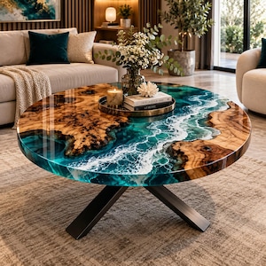 May include: A round coffee table featuring a natural wood slab with a live edge and a glossy resin inlay that mimics ocean waves in shades of turquoise and white. The table is supported by a black metal X-shaped base and holds a tray with books.