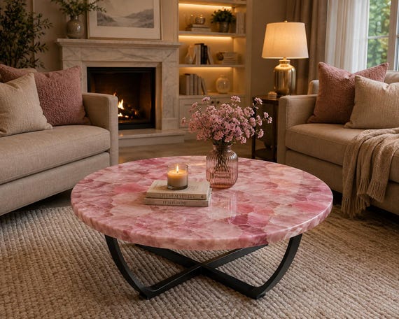 Runder Couchtisch aus rosa Quarz, modernes Design, Sofa-Mittelstück, luxuriöse Wohnzimmerdekoration, Möbelakzente