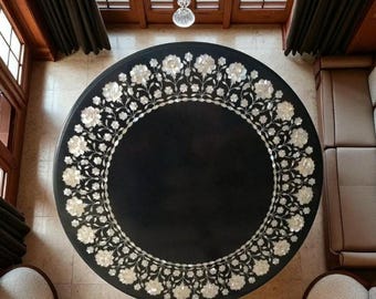 Mesa de centro de mármol negro: incrustaciones florales Pietra Dura, decoración de lujo para el hogar, arte indio hecho a mano.