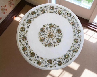 Handmade White Marble Coffee Table: Pietra Dura Floral Inlay