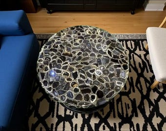 Handmade Black Agate Stone Coffee Table Top: Luxury Gemstone Decor