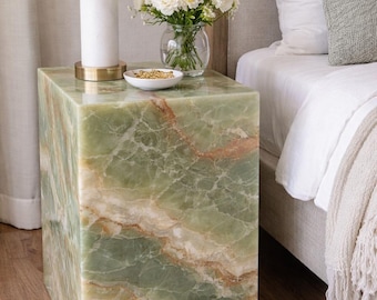 Green Onyx Bedside Nightstand Table – Luxury Plinth Accent Table in Natural Stone