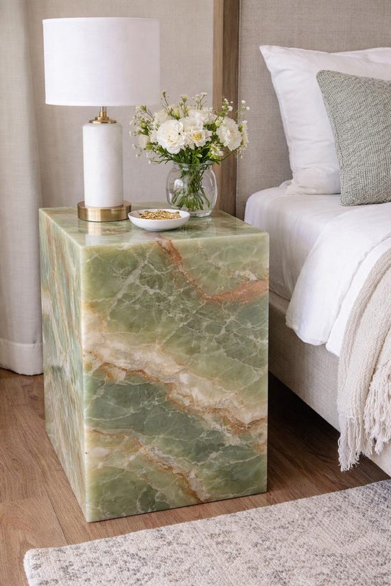 Green Onyx Bedside Nightstand Table – Luxury Plinth Accent Table in Natural Stone