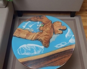 Ocean Wave Epoxy Resin Coffee Table, Round Live Edge Wood Furniture
