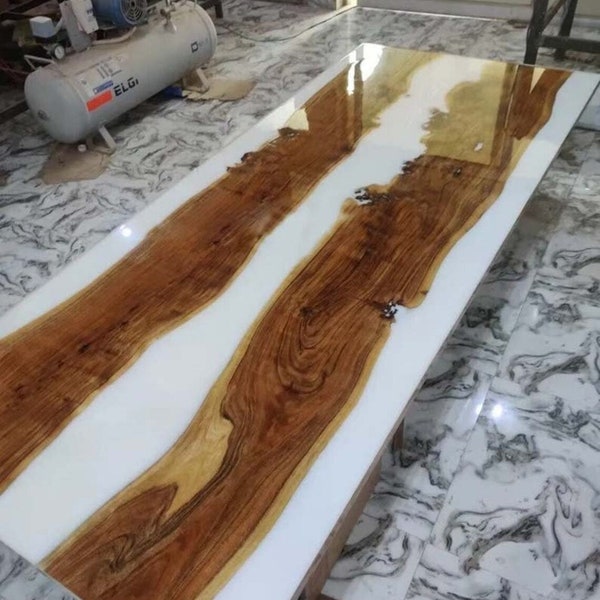 White Epoxy Resin Dining Table, Handmade Furniture, Wooden Live Edge Walnut Cafeteria Counter Top Table, Kitchen Island Epoxy Hallway Decors