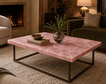 Esstisch aus rosa Onyx, handgefertigte Möbel aus Heilsteinen, luxuriöser Konsolentisch aus Naturstein, moderne Wohndekoration