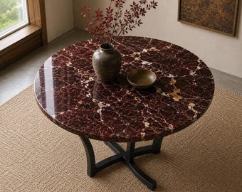 Round Rosso Levanto Marble Table Handmade Natural Stone Furniture Living Room Decor