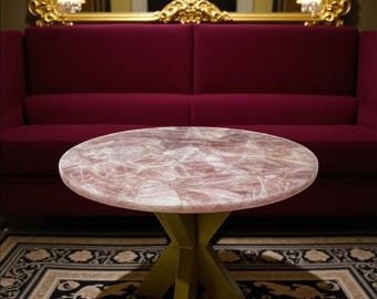 Handmade Rose Quartz Coffee Table: Modern Brass Base, Luxury Furniture