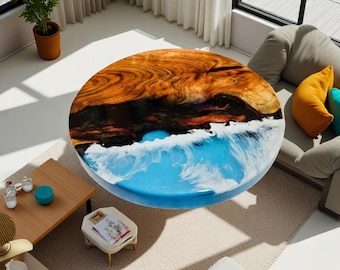 Handmade Acacia Wood Ocean Wave Epoxy Resin Coffee Table