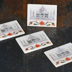 Taj Mahal Inlay Coaster Set, Marble Inlay Coaster Set For Home & Kitchen, Marble Coasters Set Inlay With Natural Stones, Living Room Coaster