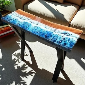 Handmade Ocean Wave Epoxy Resin Desk: Acacia Wood Live Edge