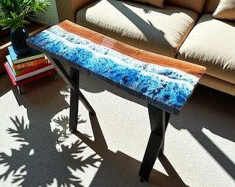 Handmade Ocean Wave Epoxy Resin Desk: Acacia Wood Live Edge