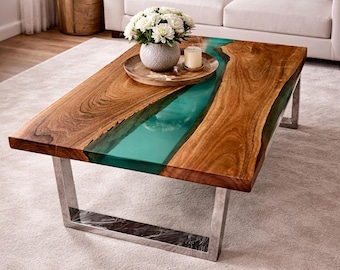 Clear Epoxy Resin Center Dining Table Handmade Furniture Natural Acacia Wooden Live Edge Decors