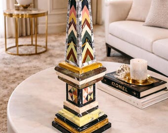 Marble Obelisk Sculpture Handmade Semi Precious Stone Inlay Decorative Obelisk Luxury Table Decor