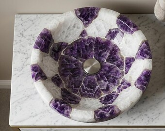White Quartz & Amethyst Stone Sink Handmade Crystal Vessel Basin Natural Gemstone Bathroom Luxury Vanity Wash Basin Decor