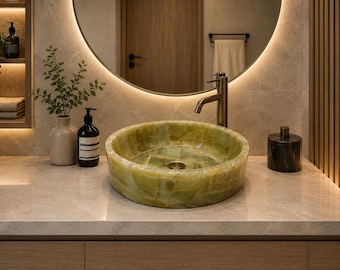 Green Onyx Stone Vessel Sink | Luxury Round Wash Basin | Natural Gemstone Bathroom Vanity Modern Home Decor