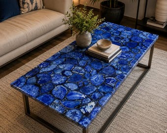 Blue Agate Stone Dining Table Handmade Gemstone Furniture Luxury Dining Room Natural Kitchen Slab Decors