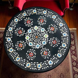 Black Round Marble Inlay Coffee Table Mop Stone Floral Marquetry Arts Luxury Hallway Decors