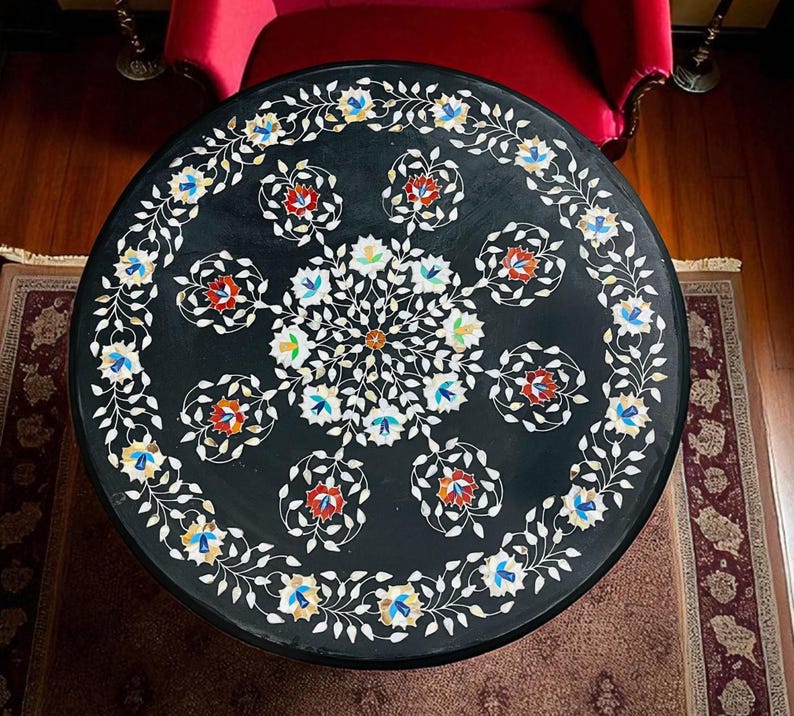 Black Round Marble Inlay Coffee Table Mop Stone Floral Marquetry Arts Luxury Hallway Decors