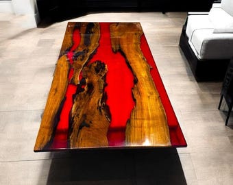 Red Epoxy Resin Live Edge Acacia Wood Dining Table – Modern Arts Home Decor