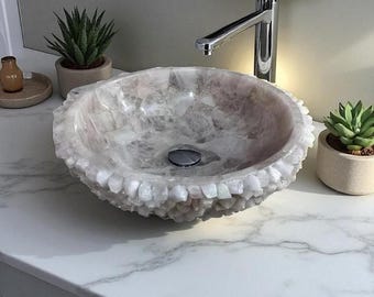 Ręcznie wykonana umywalka z różowego kwarcu: luksusowa umywalka z kamieni szlachetnych