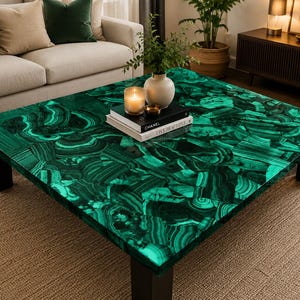 Puede incluir: Una mesa de centro cuadrada con una superficie de patrón de malaquita verde vibrante y texturas minerales en bandas. La mesa se apoya sobre cuatro patas oscuras y sólidas, y sostiene una pila de dos libros, un jarrón blanco y una vela.