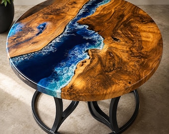 Round Ocean Wave Epoxy Resin Coffee Table | Handmade Live Edge Wood River Table with Iron Stand Garden Decors