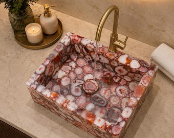Red Agate Stone Vessel Sink | Luxury Gemstone Wash Basin | Natural Crystal Bathroom Vanity Sink | Artisan Home Decor
