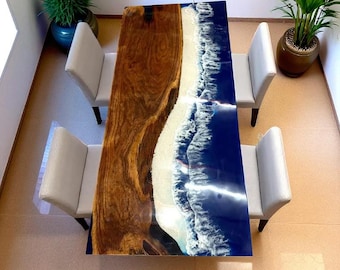Handmade Acacia Live Edge Ocean Epoxy Resin Dining Table