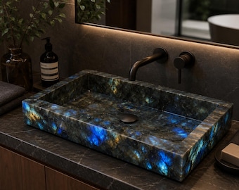 Labradorite Stone Vessel Sink | Handmade Rectangle Crystal Wash Basin | Luxury Bathroom Vanity Sink | Natural Gemstone Decor