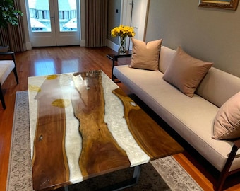 Luxury Acacia Wood & White Epoxy Resin Live Edge Table