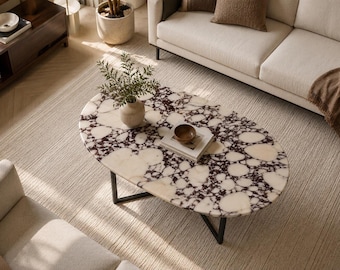 Ovaler Couchtisch aus Calacatta Viola Marmor, handgefertigtes Luxus-Mittelstück aus Naturstein, moderne Wohndekoration